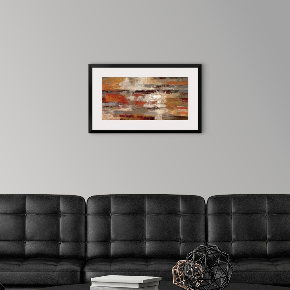 A modern room featuring This horizontal abstract painting has a strong sense of motion from left to right and a rusty, ea...