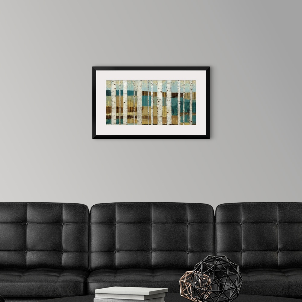 A modern room featuring Huge canvas art shows a forest of birch trees sitting in front of a valley.  Artist uses multiple...