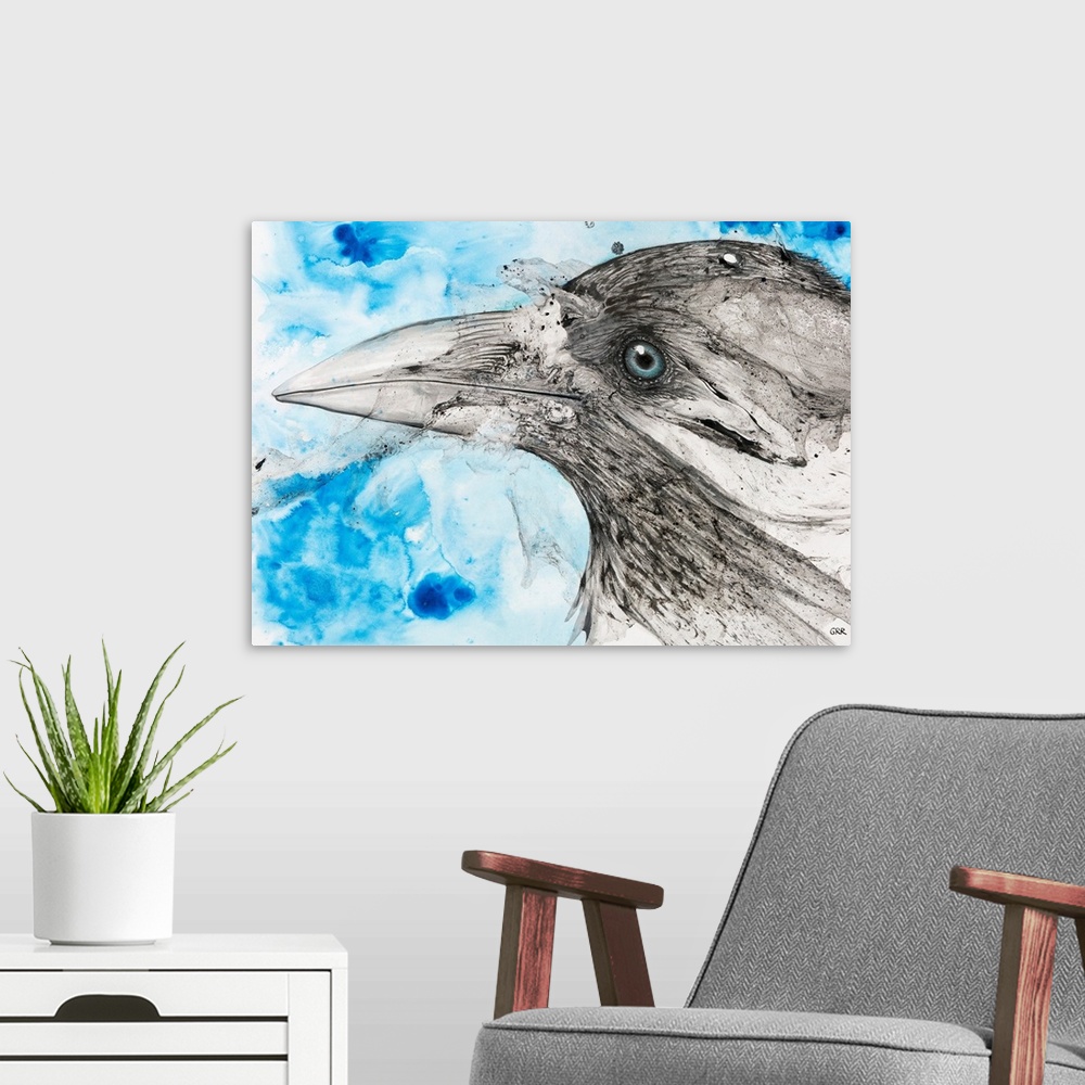 A modern room featuring Illustration of a bird's eye and beak with mottled blue and white background.