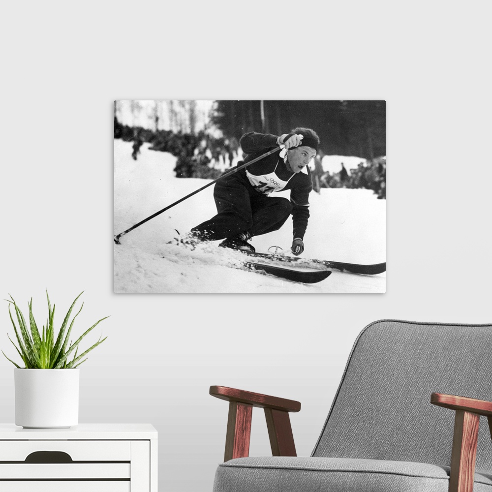 A modern room featuring Othmar Schneider of Austria in action on his way to winning the Slalom at the 1952 Oslo Winter Ol...