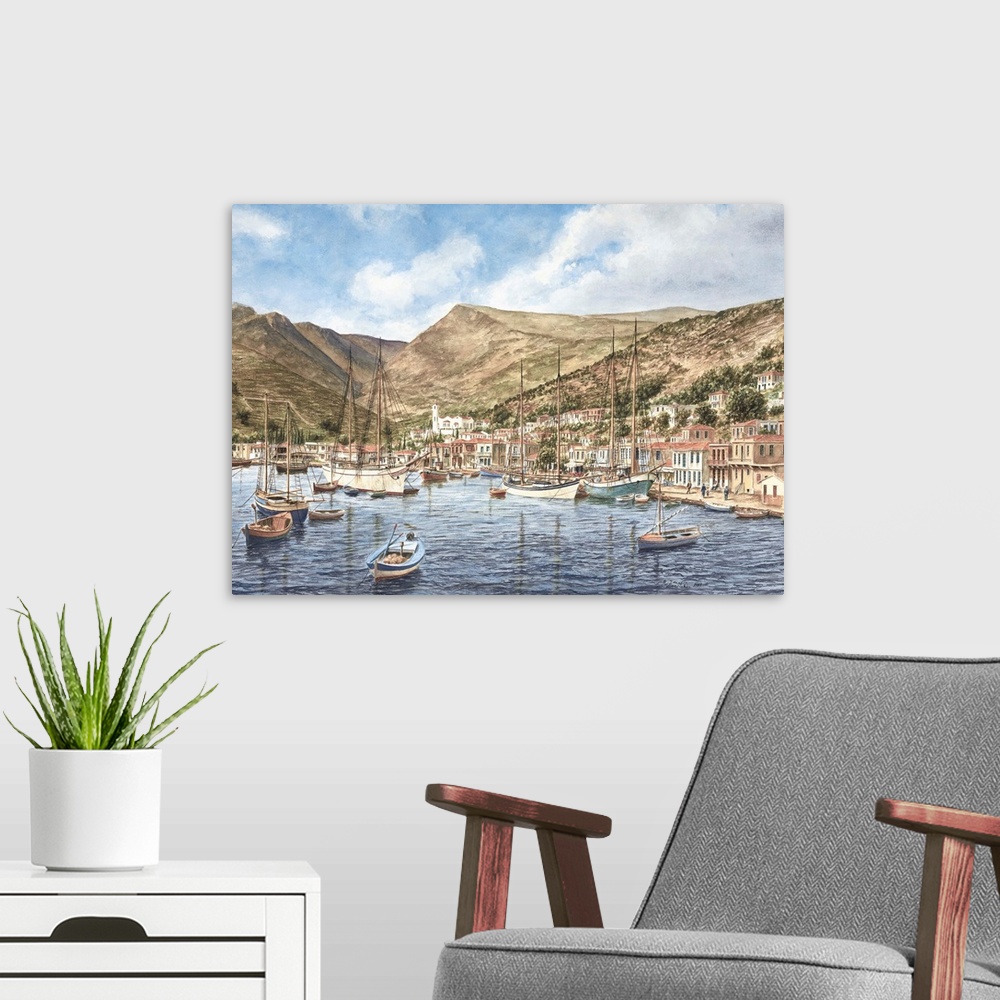 A modern room featuring Contemporary painting of village in Greece.