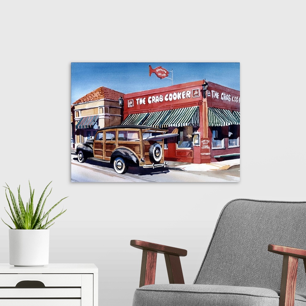 A modern room featuring Watercolor of a 1940 Ford woodie surf wagon in front of the Crab Cooker in Newport Beach, CA, Woo...