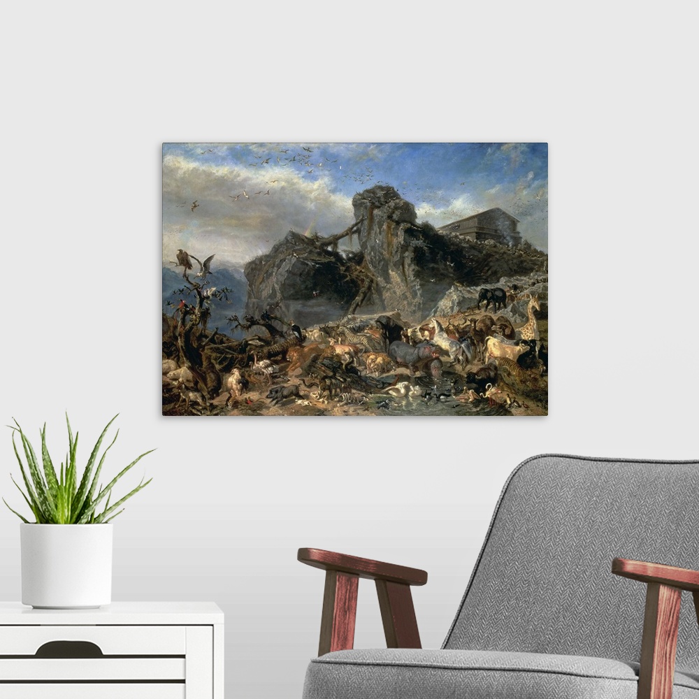 A modern room featuring Animals Leaving the Ark, Mount Ararat, originally oil on canvas.