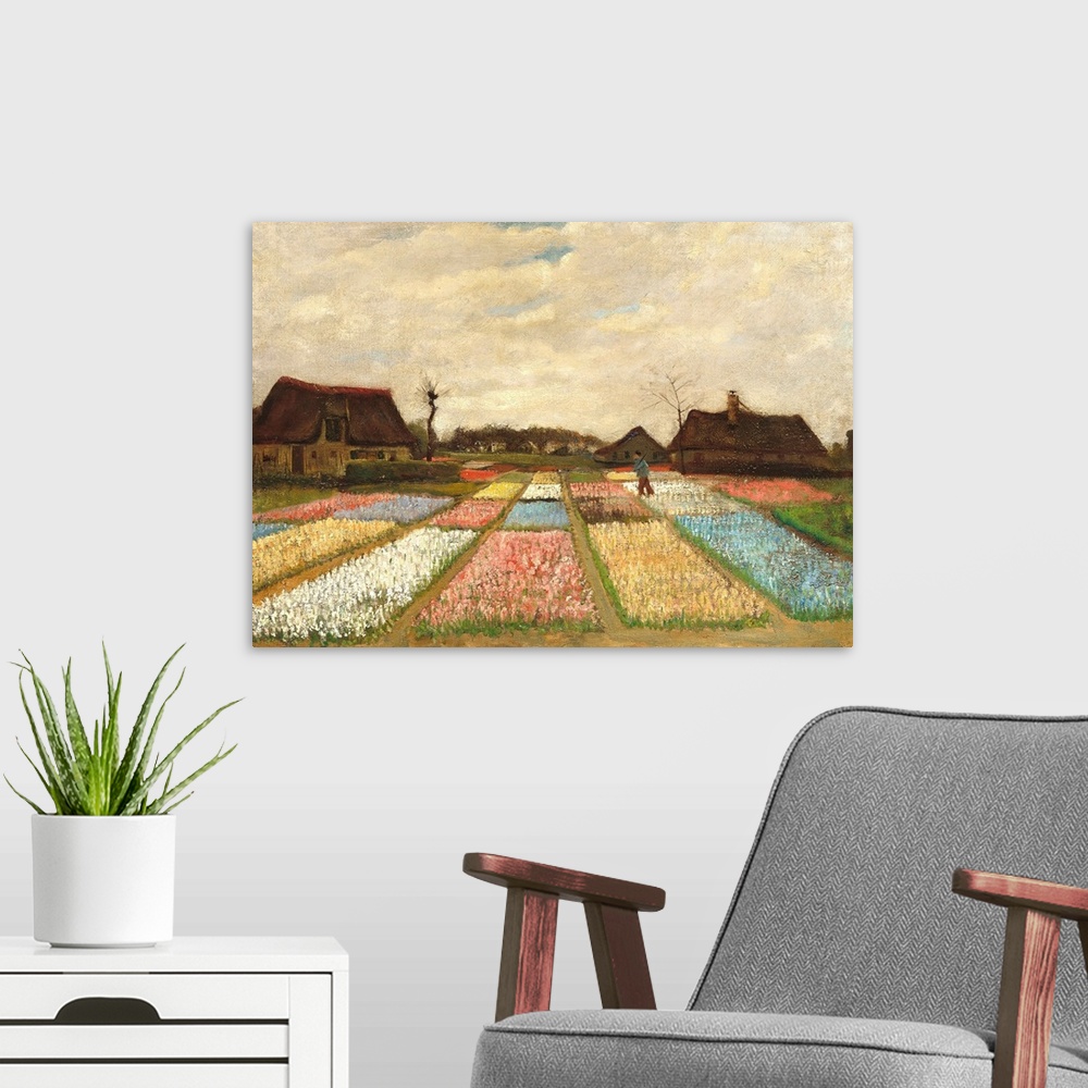 A modern room featuring Landscape painting by Vincent Van Gogh of flower beds in Holland.