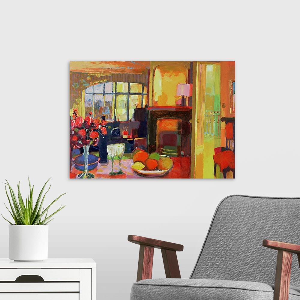 A modern room featuring Still oil painting of room with table that has a bowl of fruit, a vase of flowers, a bottle of wi...
