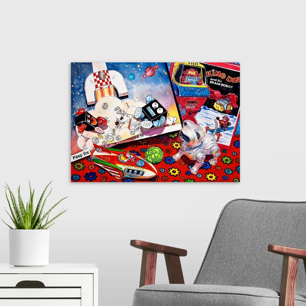 A modern room featuring Still life watercolor painting with various space themed items.