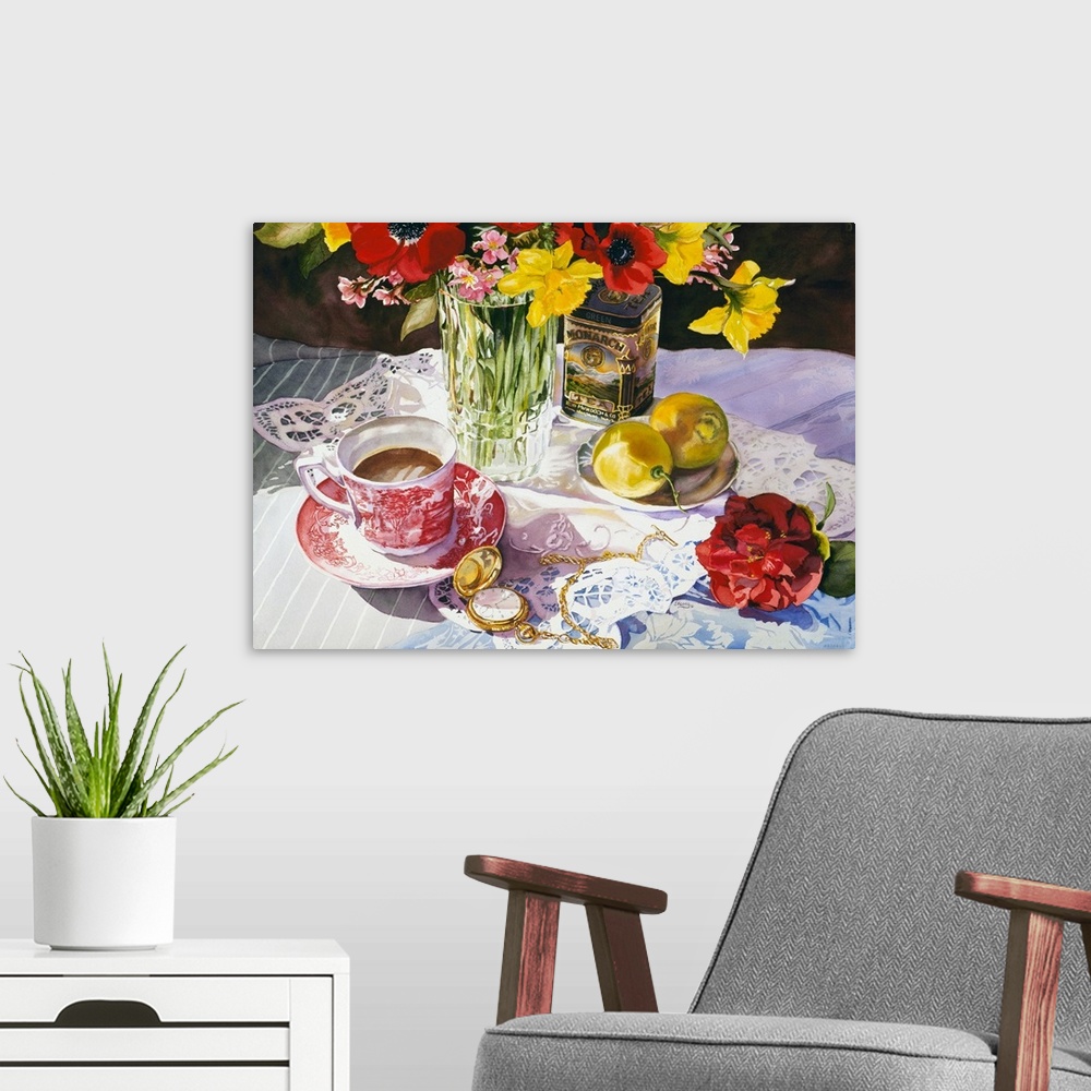A modern room featuring Contemporary watercolor painting of a tea party set up in red, yellow, green, and white.