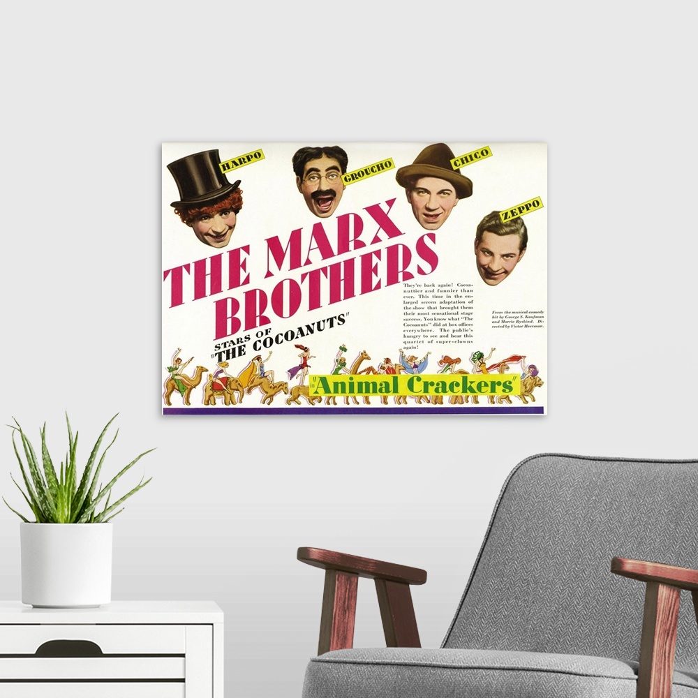 A modern room featuring Animal Crackers, The Marx Brothers-Top L-R: Harpo Marx, Groucho Marx, Chico Marx, Zeppo Marx, 1930.