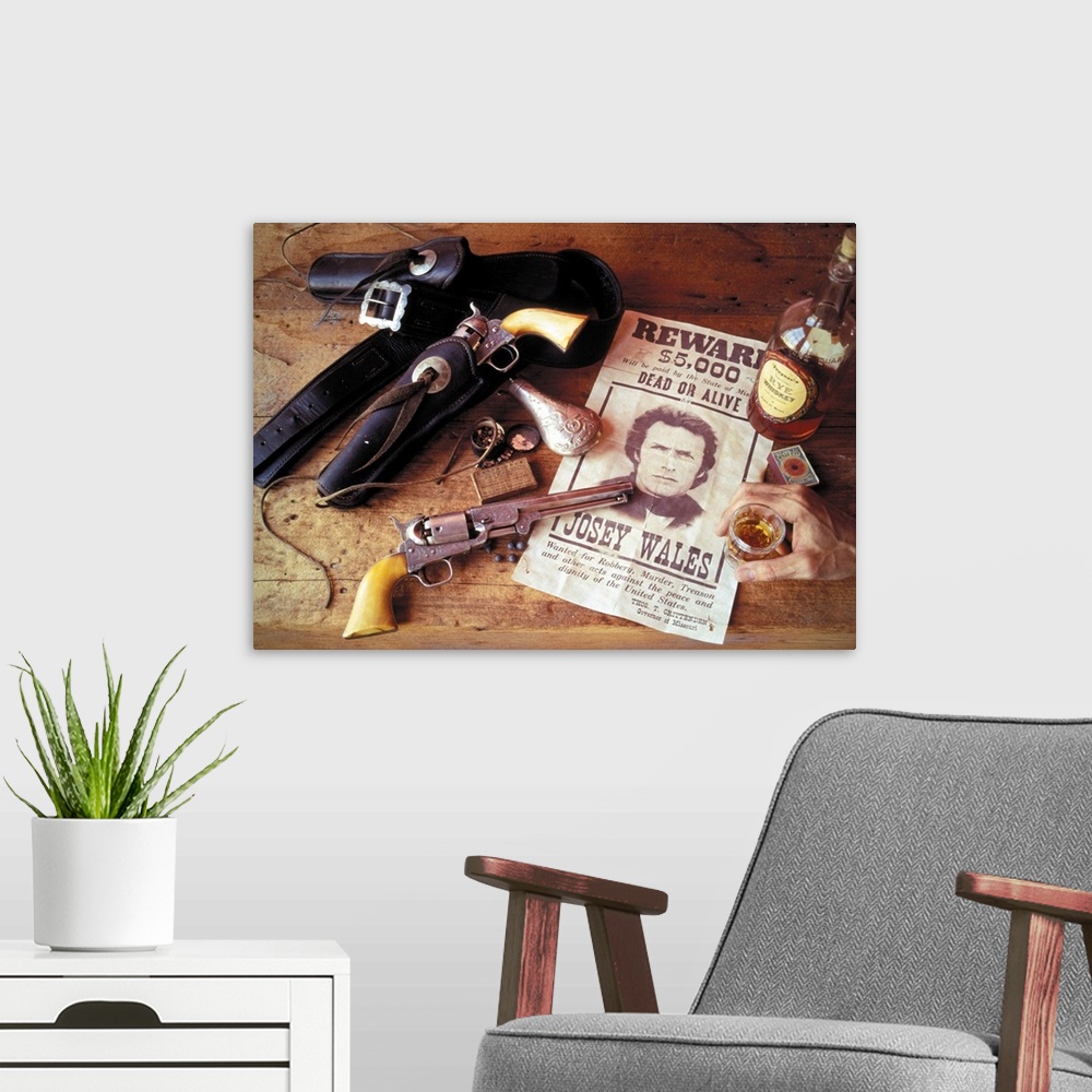 A modern room featuring THE OUTLAW JOSEY WALES, Clint Eastwood, 1976, wanted poster.