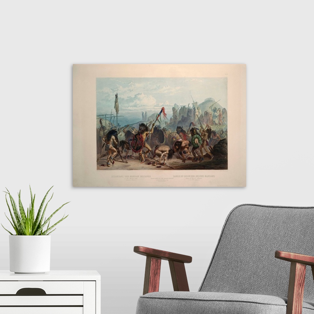A modern room featuring Bison dance of the Mandan Indians in front of their medicine lodge by Karl Bodmer. Hand-colored e...