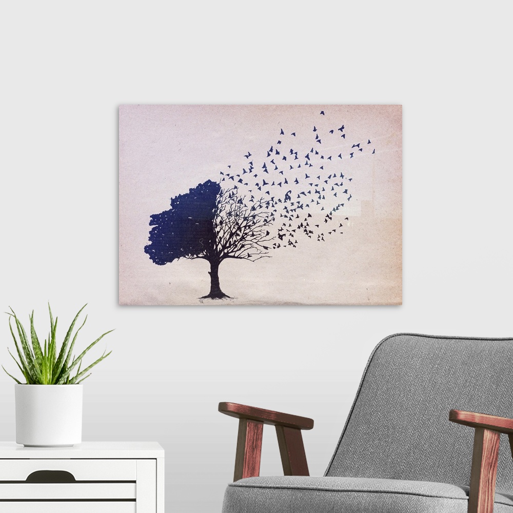 A modern room featuring Illustration of tree becoming a flock of birds