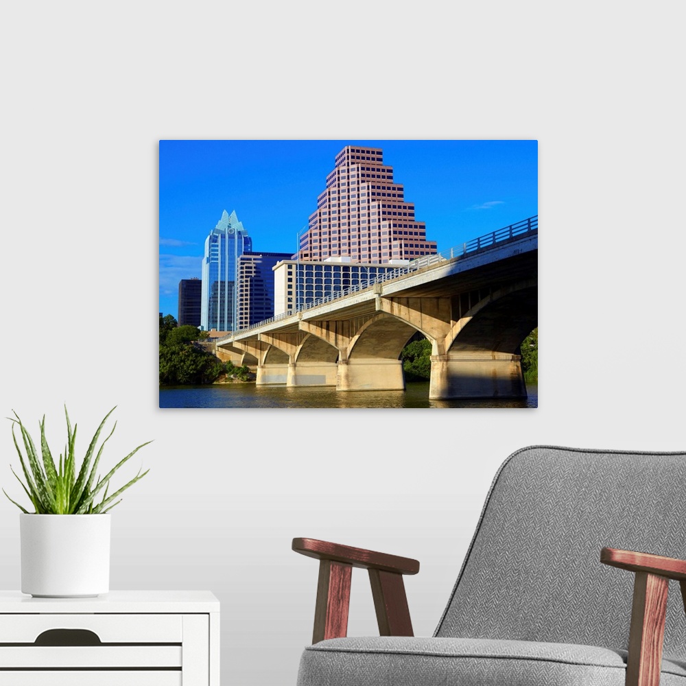 A modern room featuring Skyscrapers of Downtown Austin and Colorado River