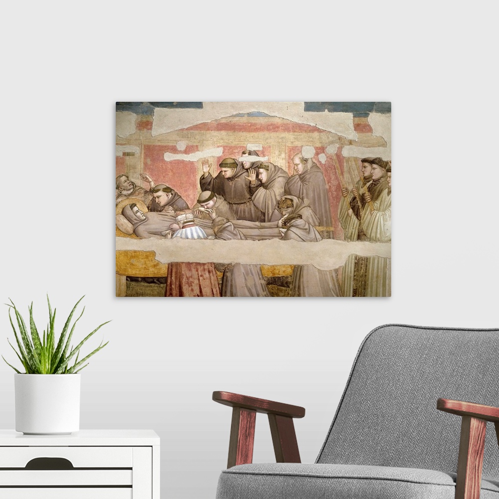 A modern room featuring The Funeral of Saint Francis of Assisi. The verification of the stigmata. Painting by Giotto di B...