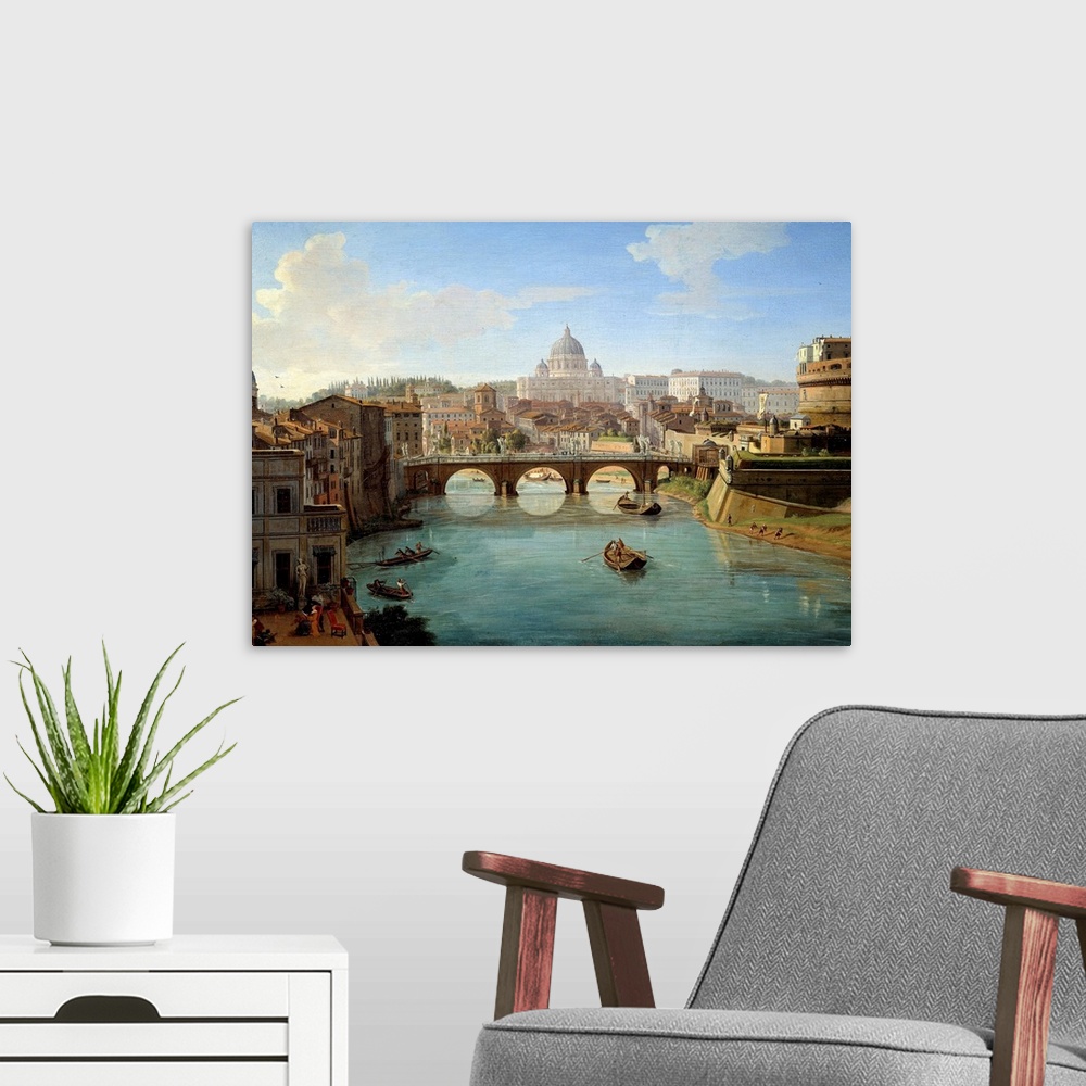 A modern room featuring View of St. Peter's Basilica in Rome, detail from the painting View of the Castel Sant'Angelo (Sa...