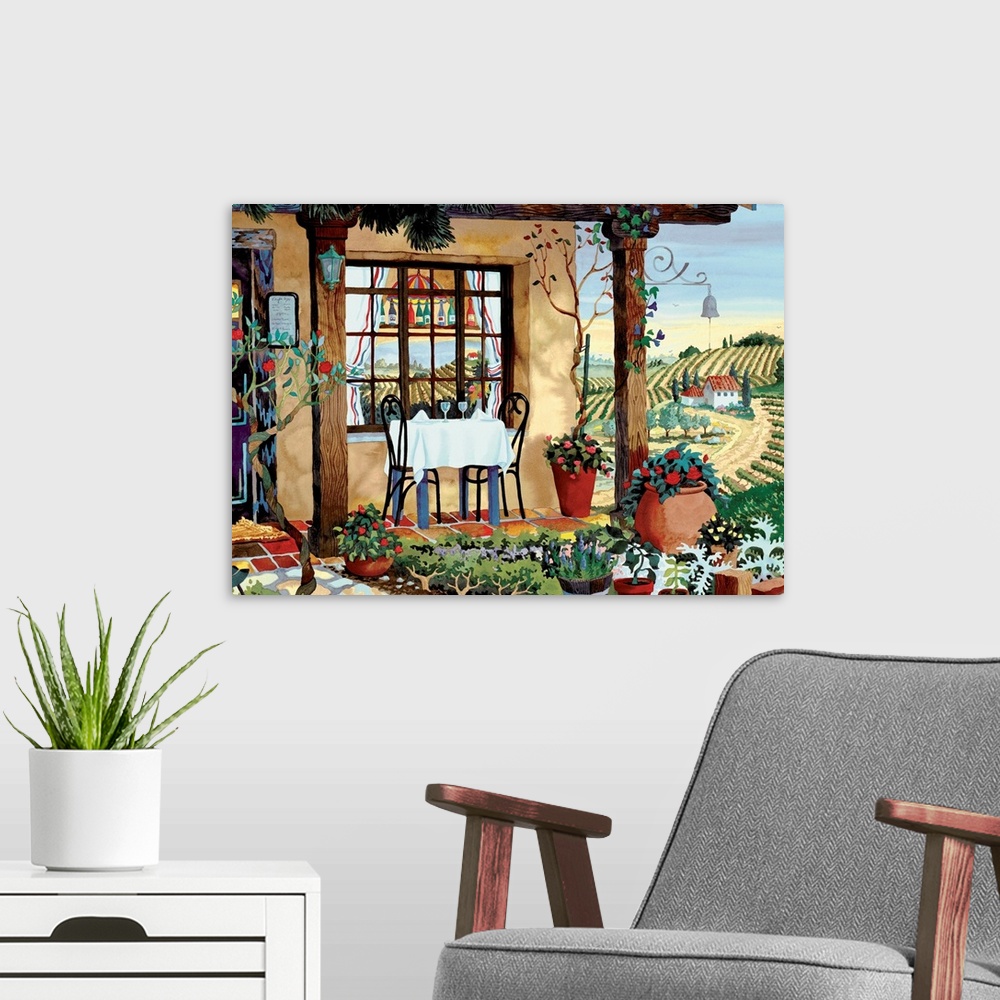 A modern room featuring Large canvas painting of a vineyard with a small restaurant in the foreground and a flower garden.