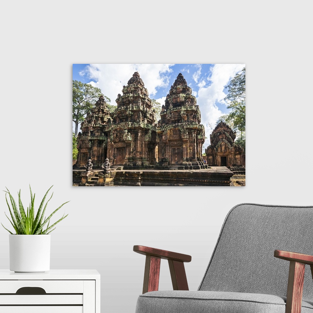 A modern room featuring Cambodia, Banteay Srei, Siem Reap Province. Discovered by the French in 1914, Banteay Srei is an ...