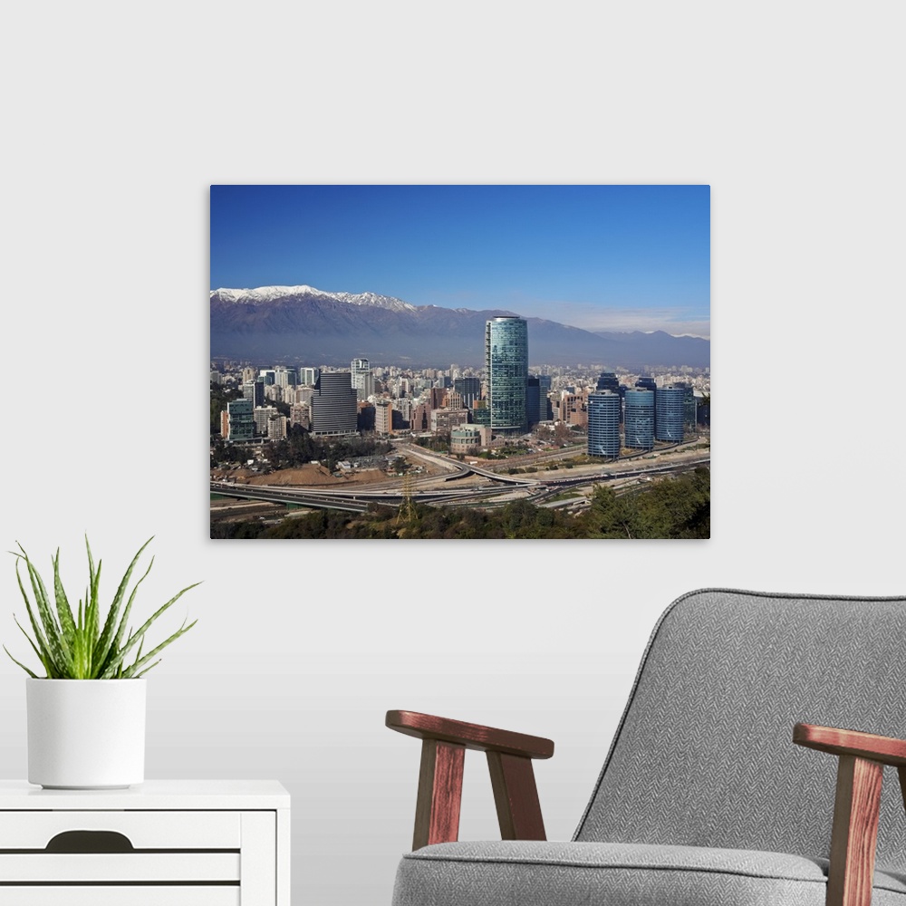 A modern room featuring Chile, Santiago, View from the Parque Metropolitano towards the high raised buildings in financia...