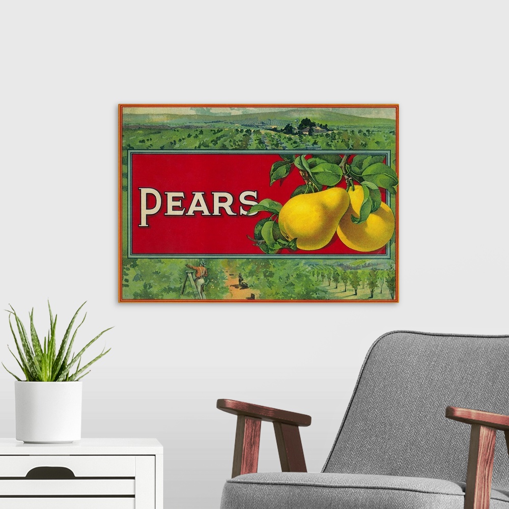 A modern room featuring Pear Stock Crate Label