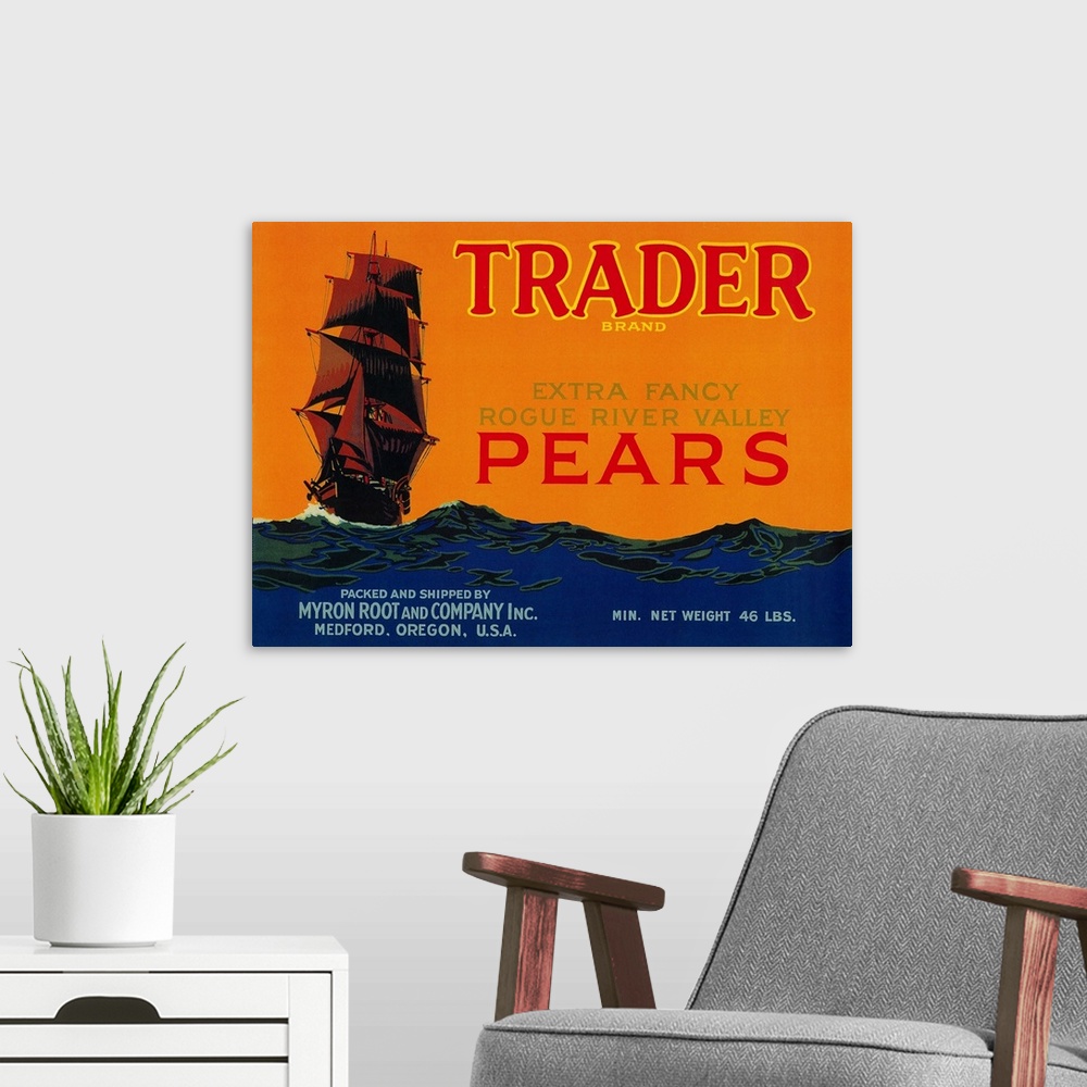 A modern room featuring Trader Pear Crate Label, Medford, OR