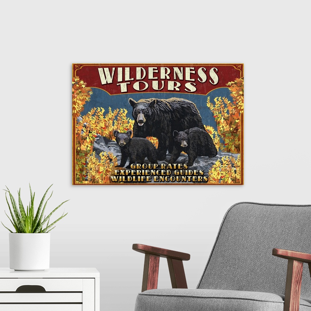 A modern room featuring Wilderness Tours - Black Bears - Vintage Sign