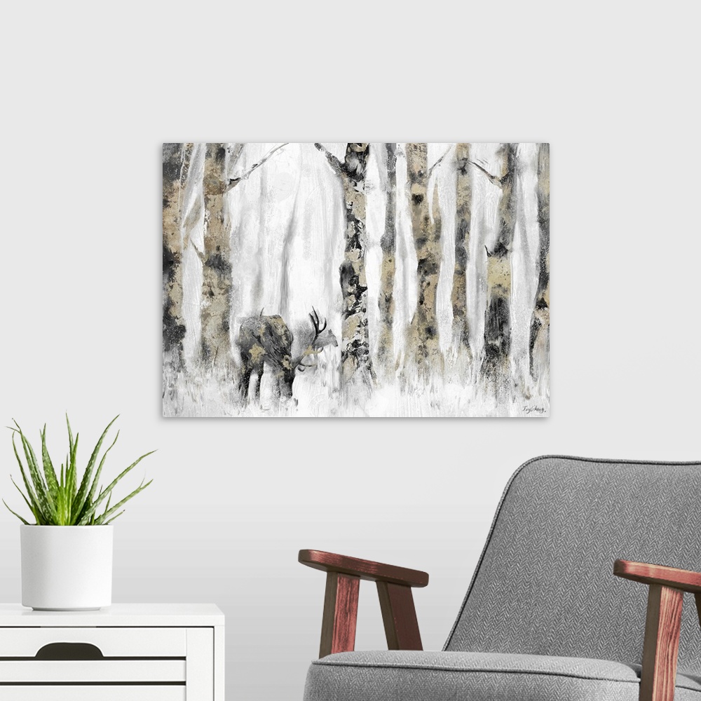 A modern room featuring Contemporary painting of deer in a forest of gray and gold which fade in the distance.