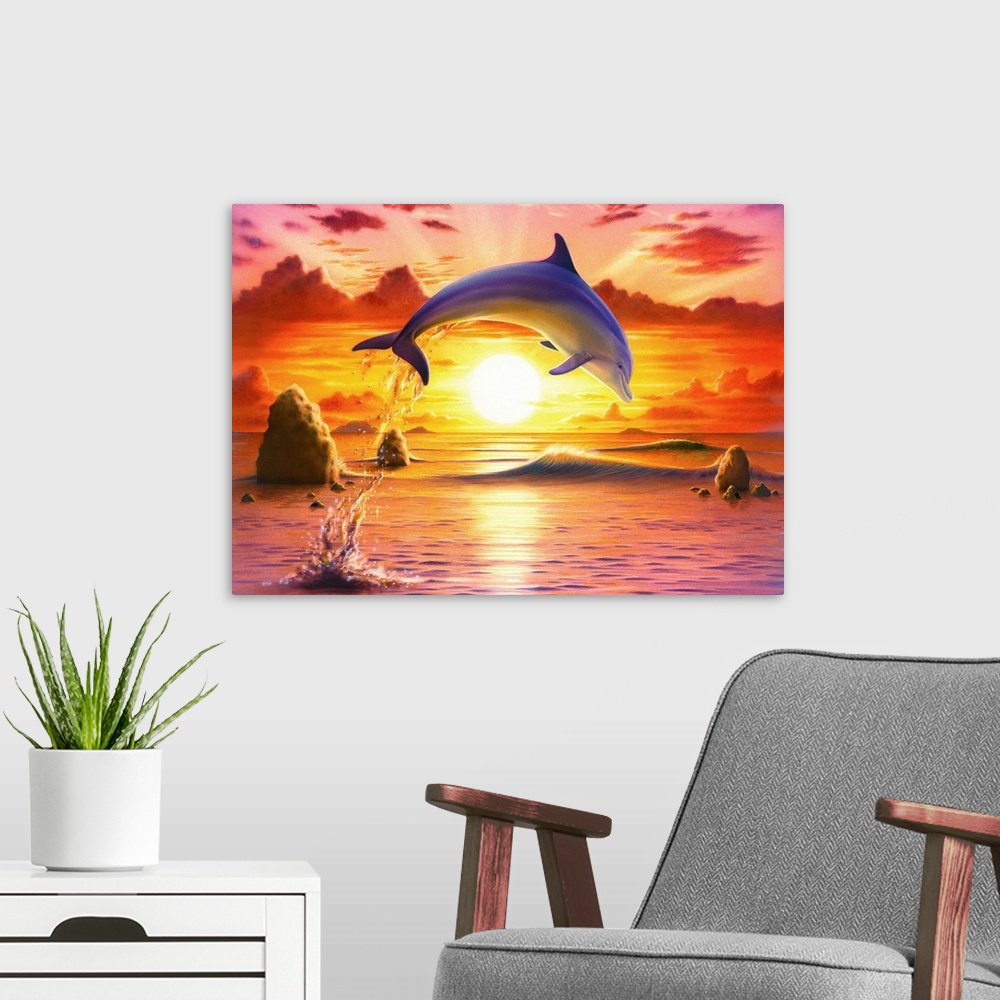 A modern room featuring Day Of The Dolphin - Sunset I