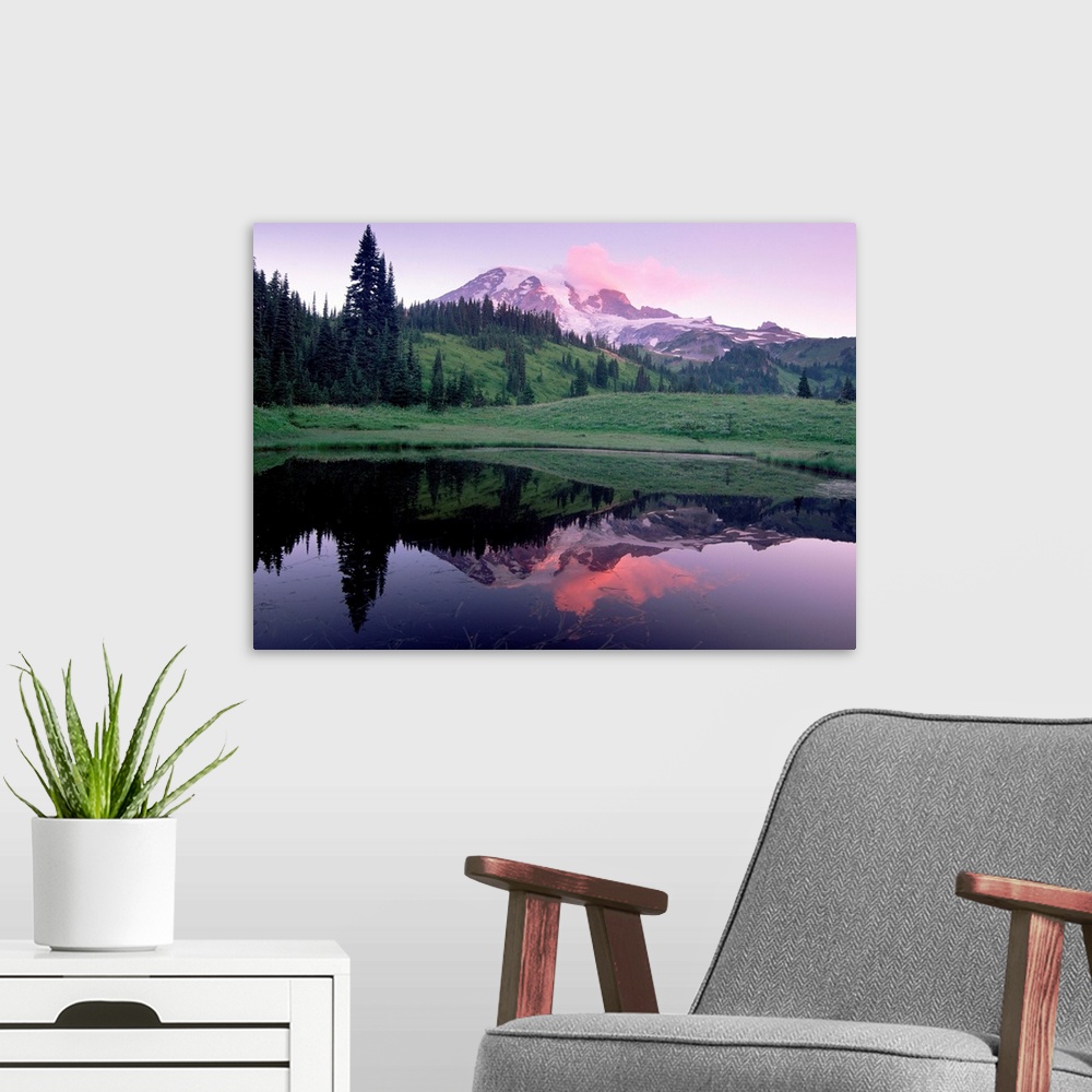 A modern room featuring Mt Rainier reflected in lake, Mt Rainier National Park, Washington