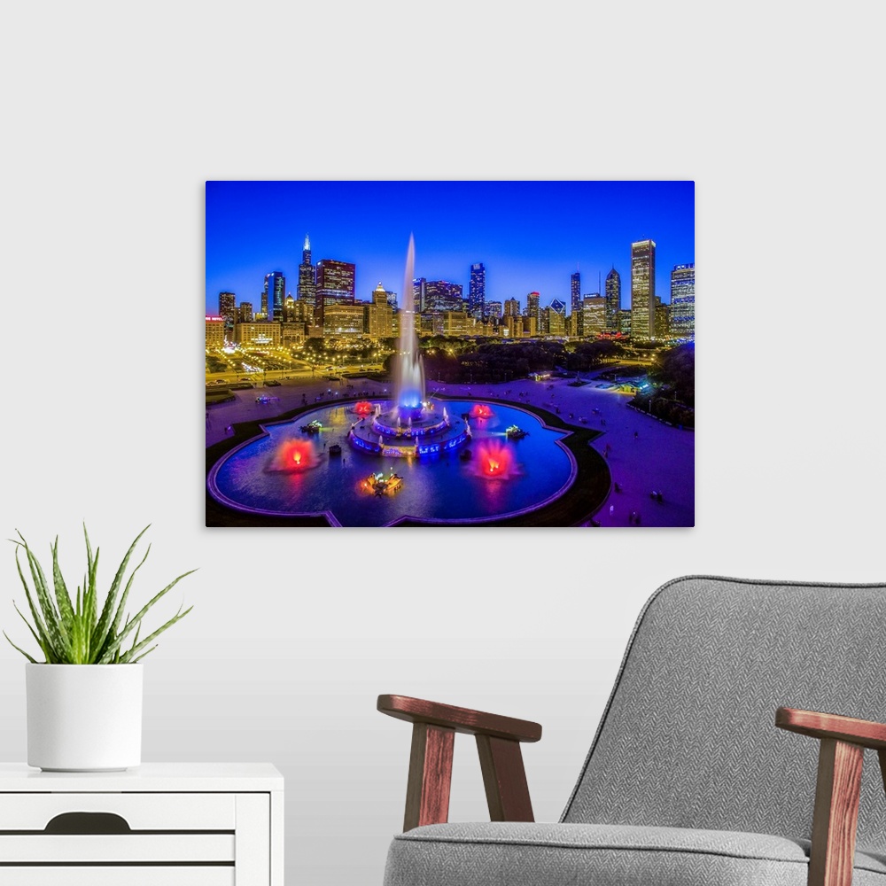A modern room featuring Buckingham Fountain at dusk, Chicago, Cook County, Illinois, USA