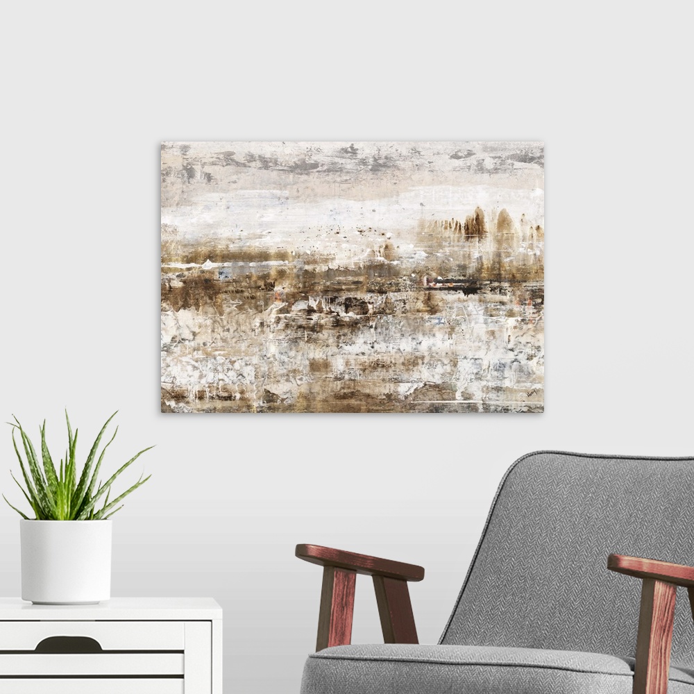 A modern room featuring A contemporary abstract painting using earthy tones and rough textures.