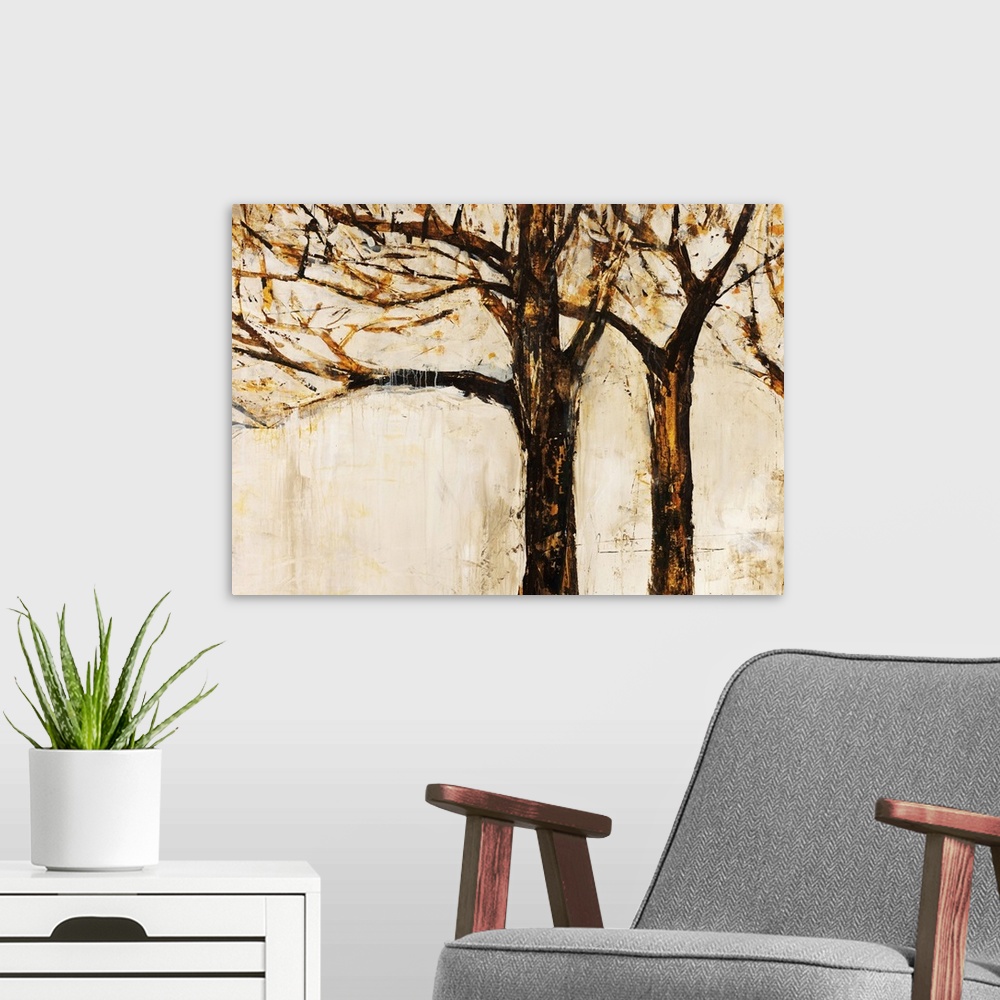 A modern room featuring Contemporary artwork of a line of three bare trees painted against an off white background.