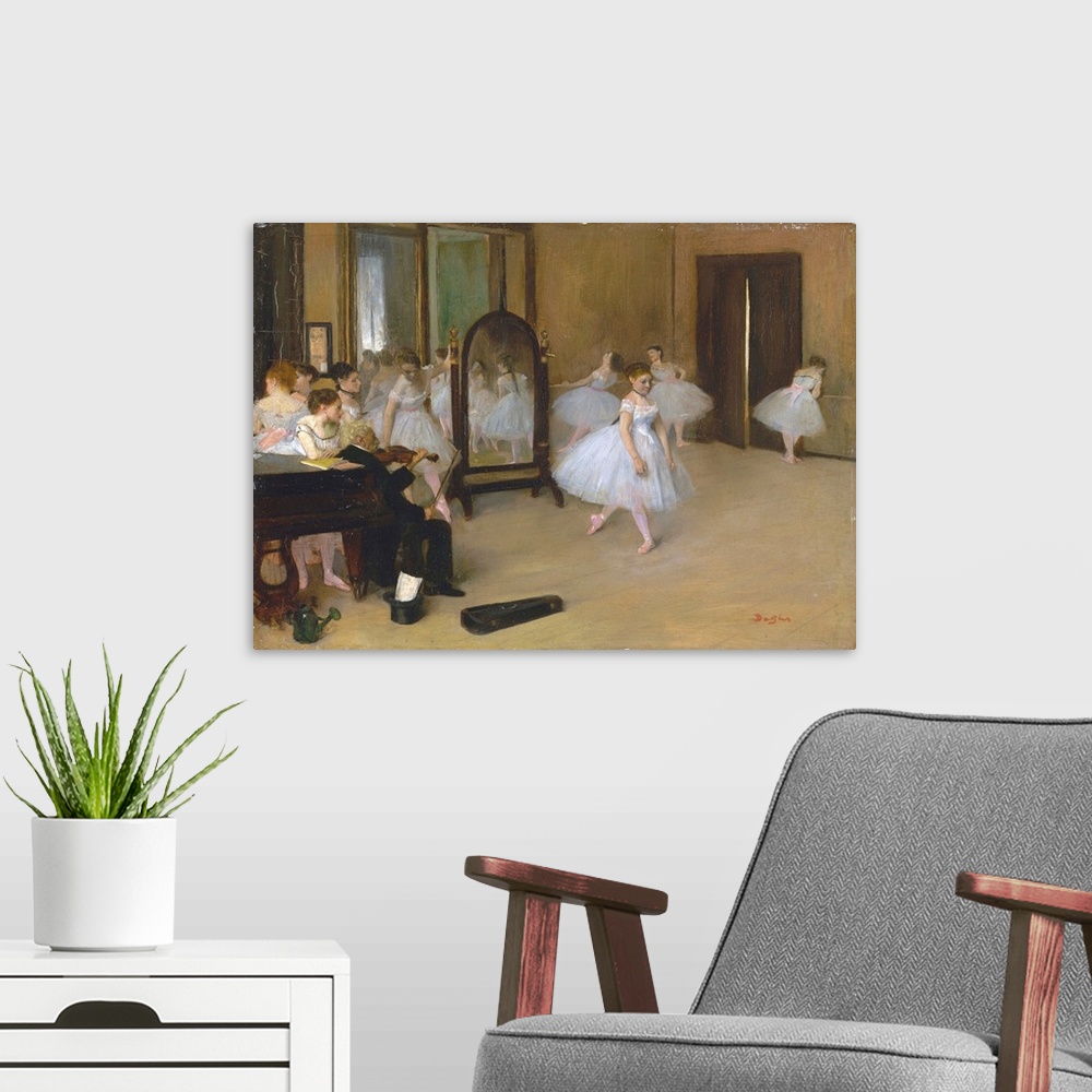 A modern room featuring This is Degas's first depiction of a dance class. Because the artist did not yet have privileges ...