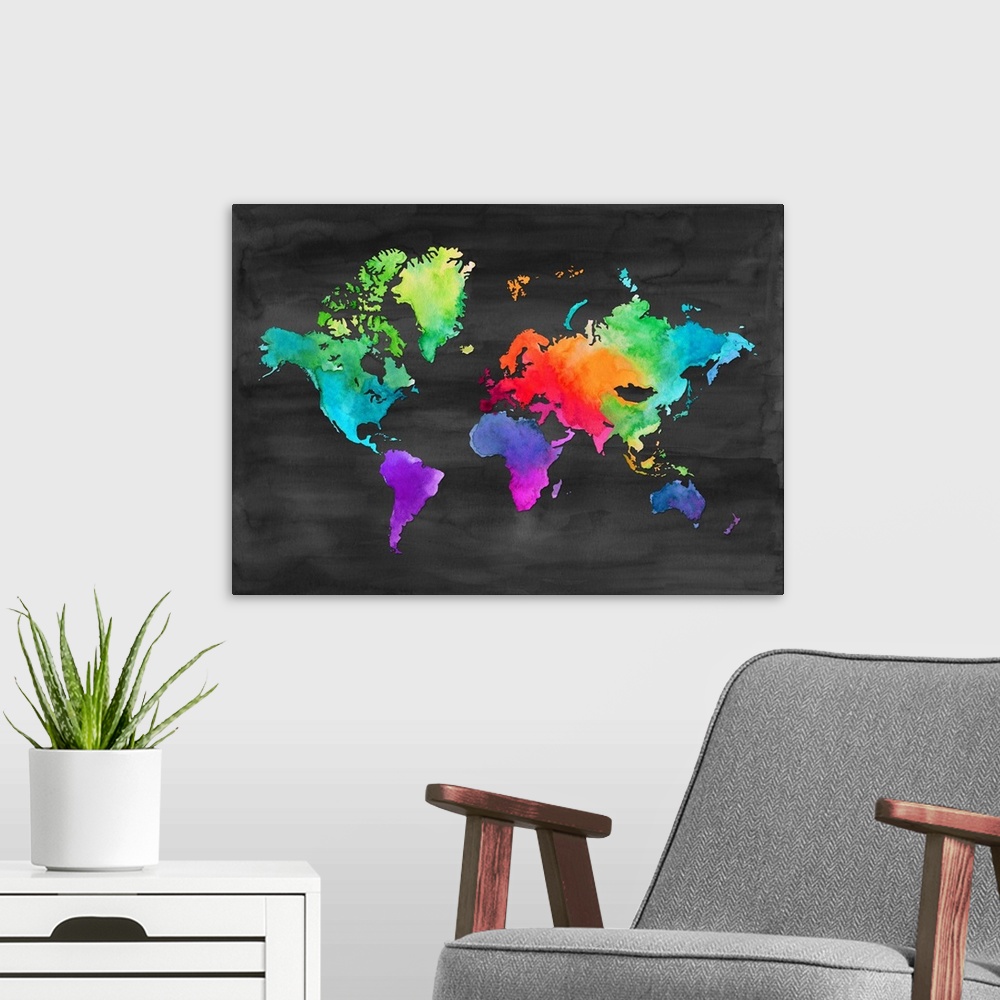 A modern room featuring Watercolor painting of the world map done in vibrant neon multi-colors on black.