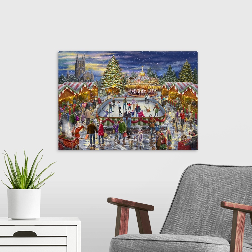 A modern room featuring A traditional painting of a holiday carnival scene featuring a skating rink, manger and carousel.