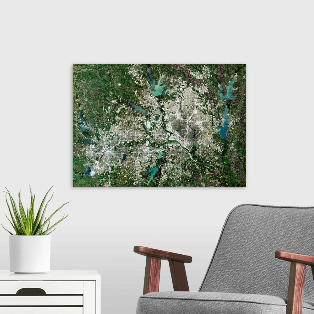 A modern room featuring Dallas, Texas, USA, satellite image. North is at top, water is blue, urban areas are grey and veg...