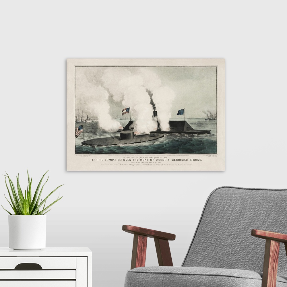 A modern room featuring Civil war print depicts the Monitor vs. the Merrimac during the Battle of Hampton Roads in March ...