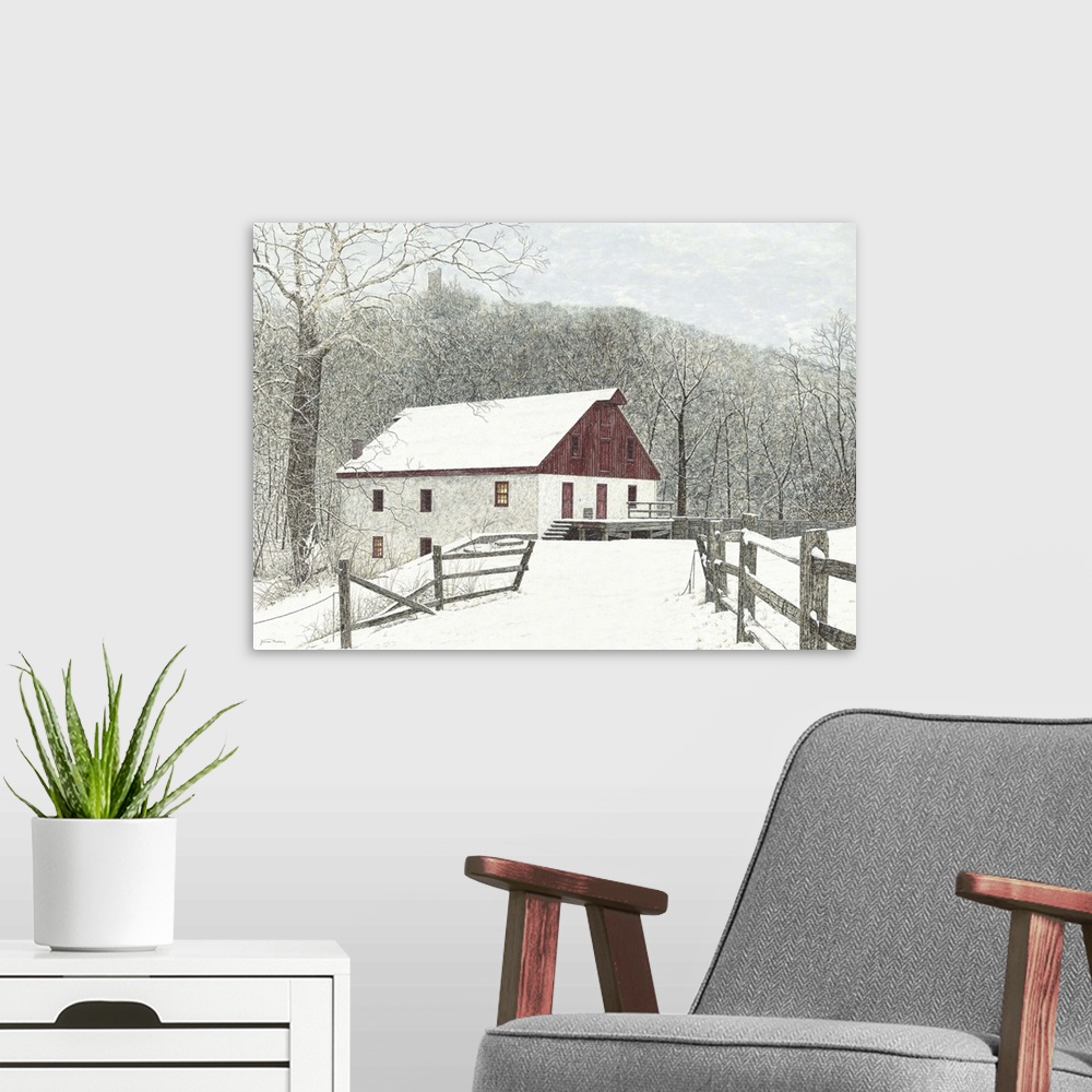 A modern room featuring A contemporary painting of snow fall at a red and white mill house in the mountains.