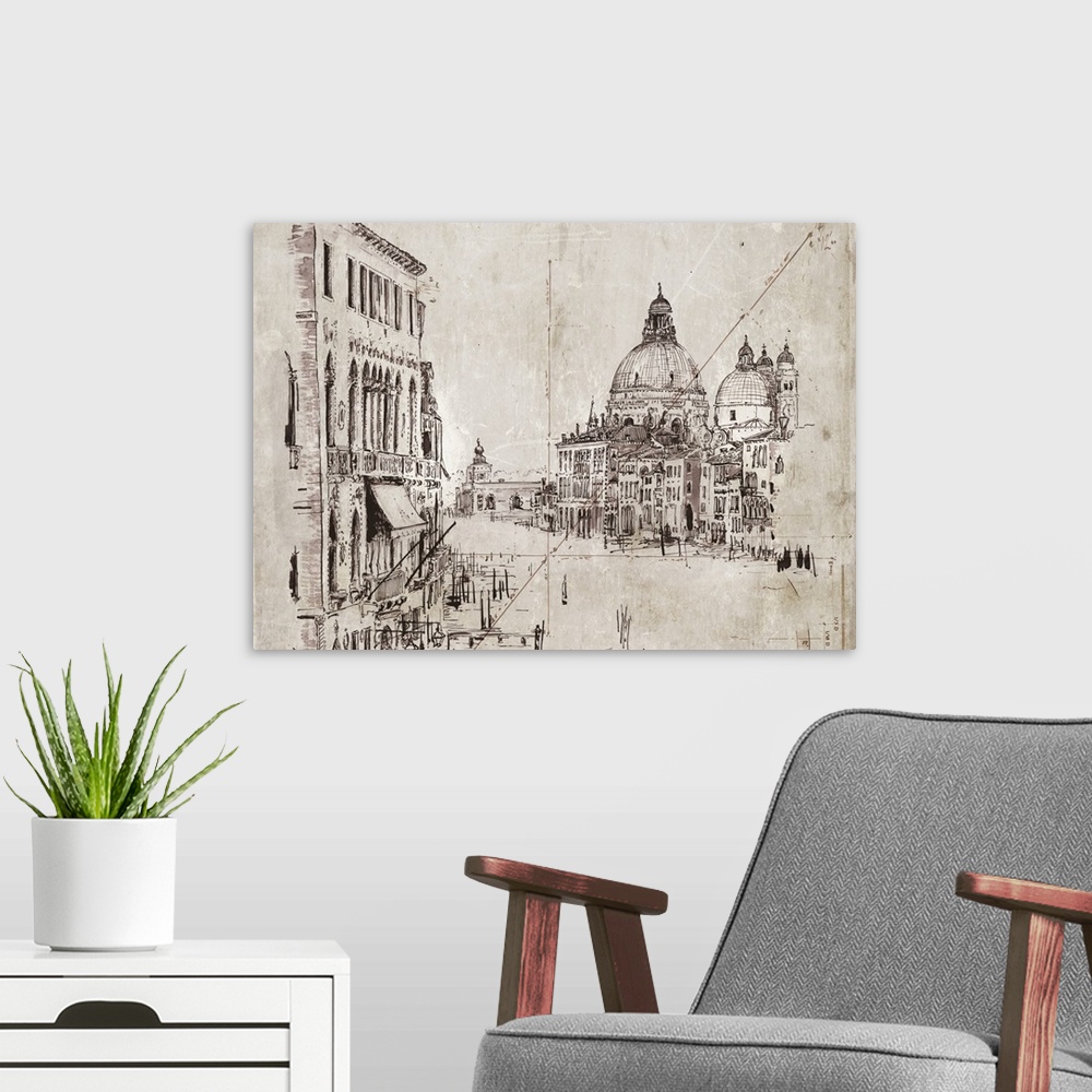 A modern room featuring A contemporary sketch of a canal in Venice looking toward a cathedral.