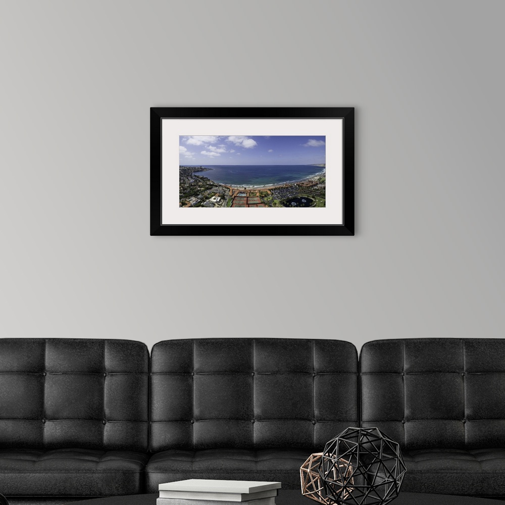 A modern room featuring La Jolla Shores aerial panoramic. La Jolla shores is in San Diego, California, USA.
