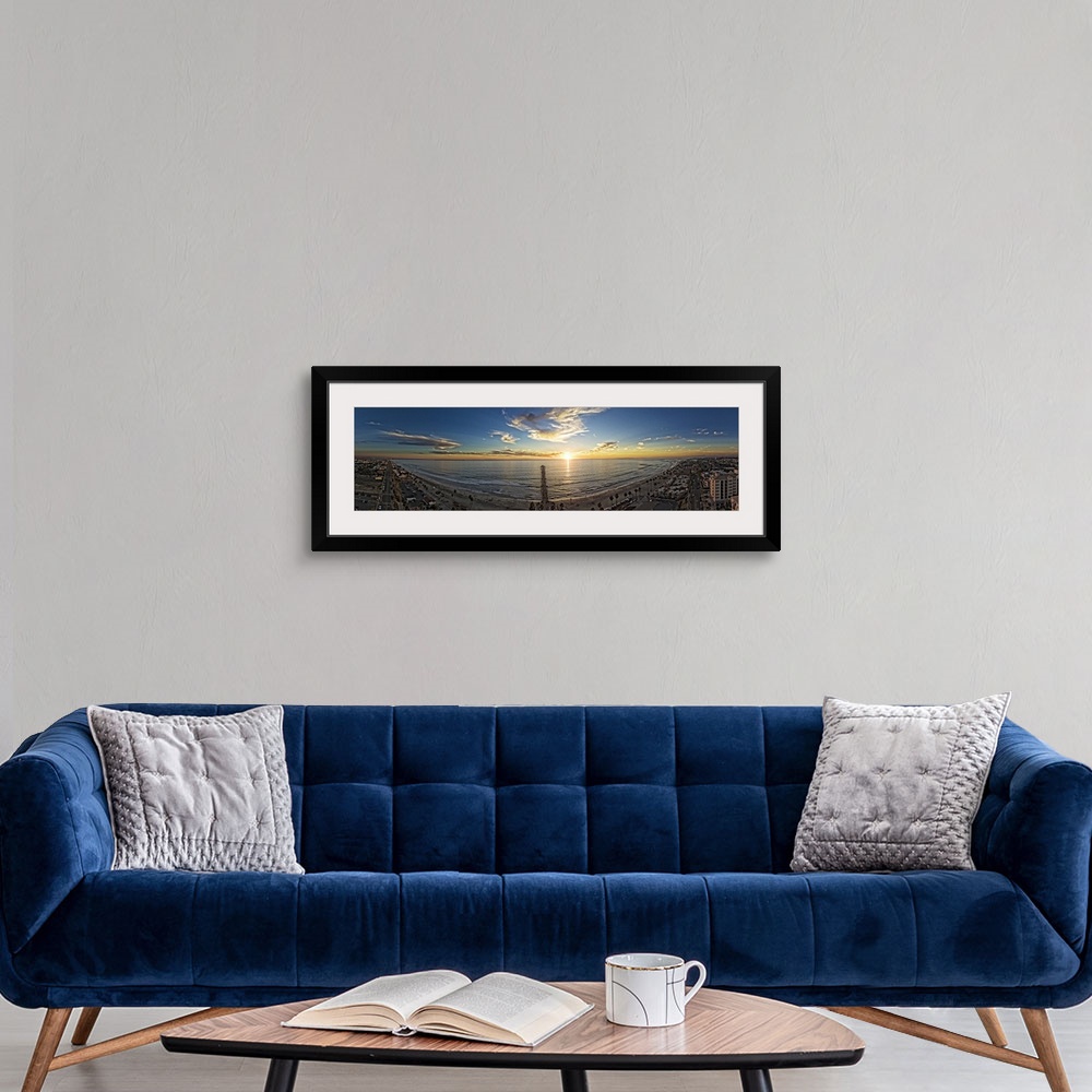 A modern room featuring Oceanside coastline sunset panoramic. This is a 5 image aerial panoramic of the Oceanside, Califo...