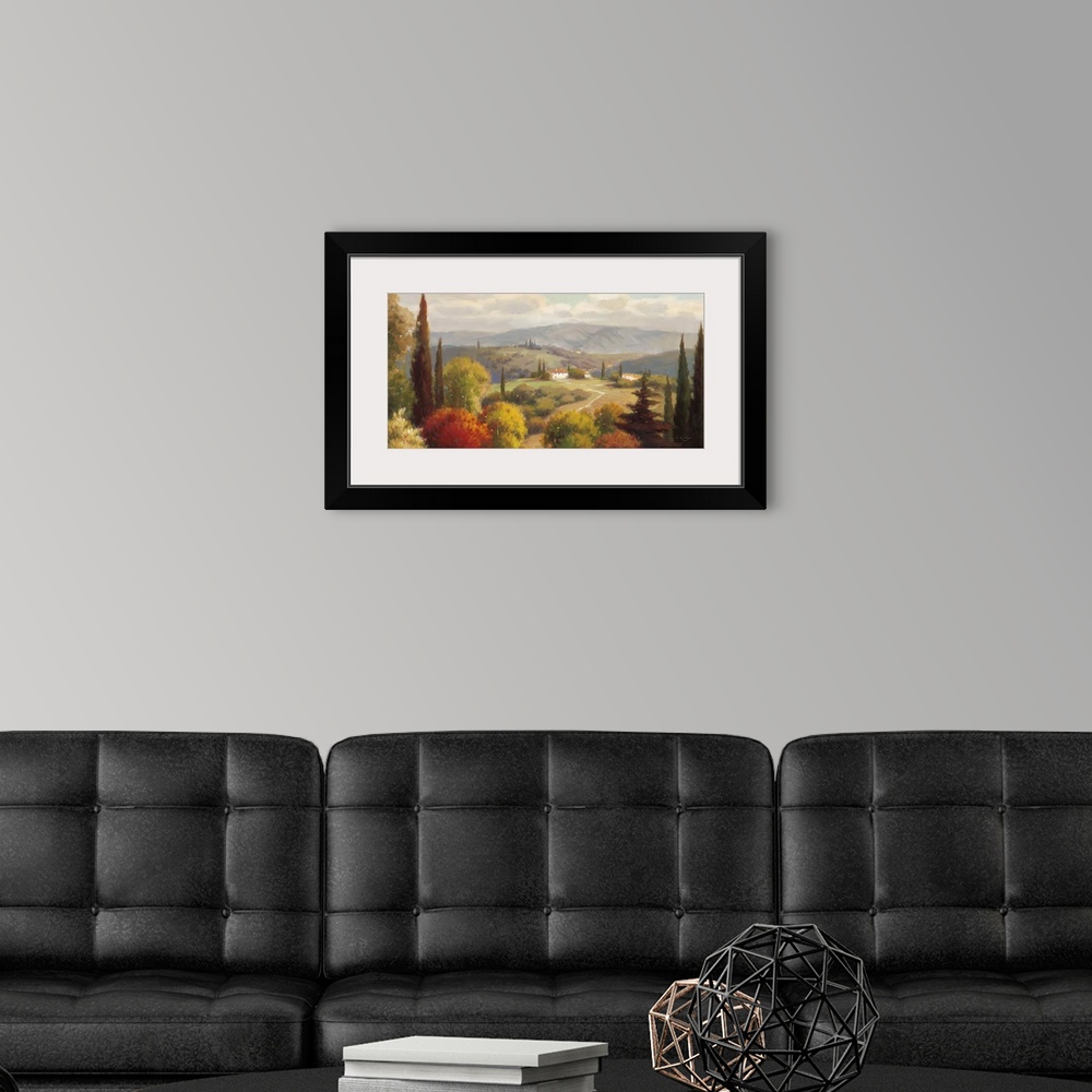 A modern room featuring Contemporary painting of a wide view of the Tuscan country side with rolling hills and a villa.