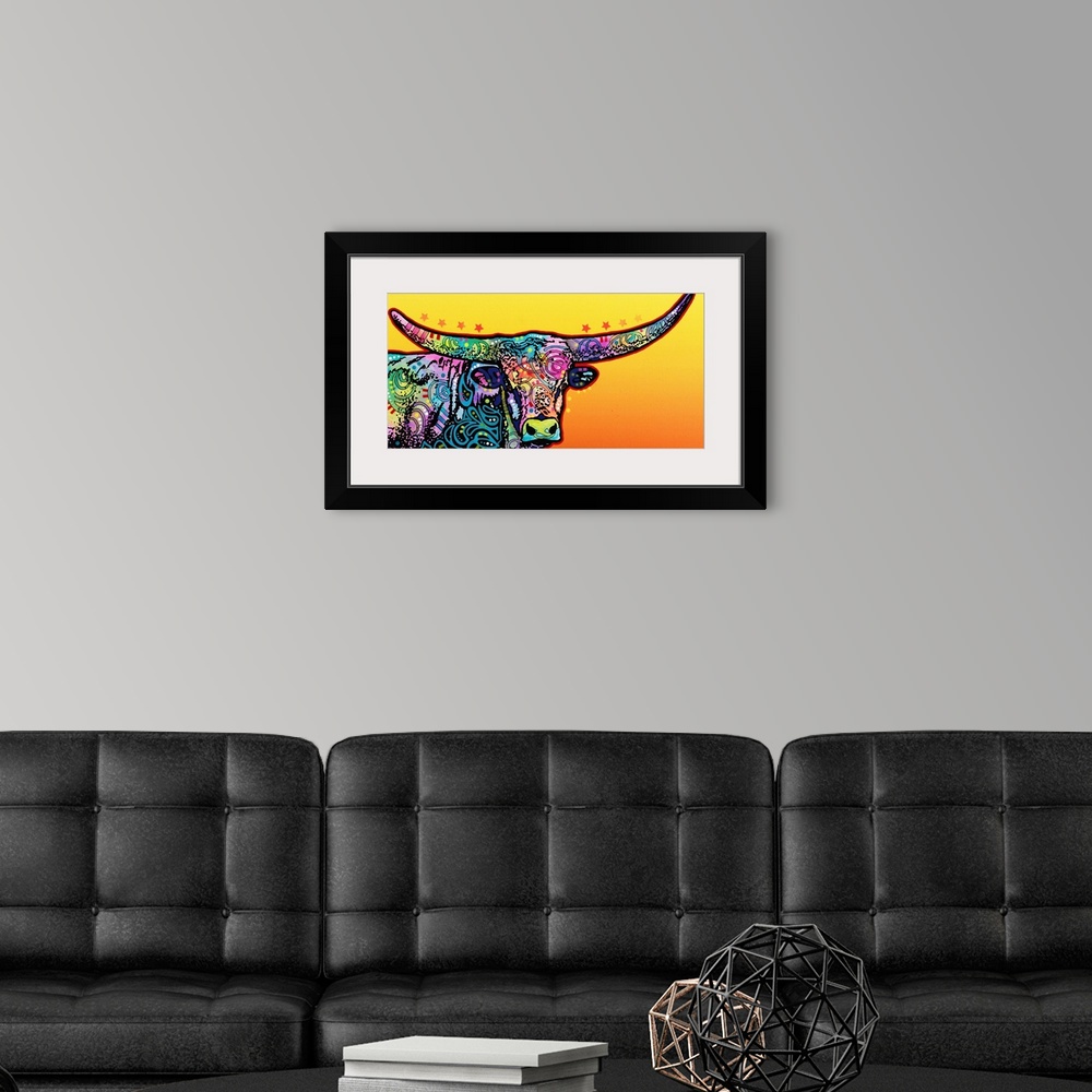 A modern room featuring Colorful painting of a longhorn with abstract designs on a yellow and orange gradient background.