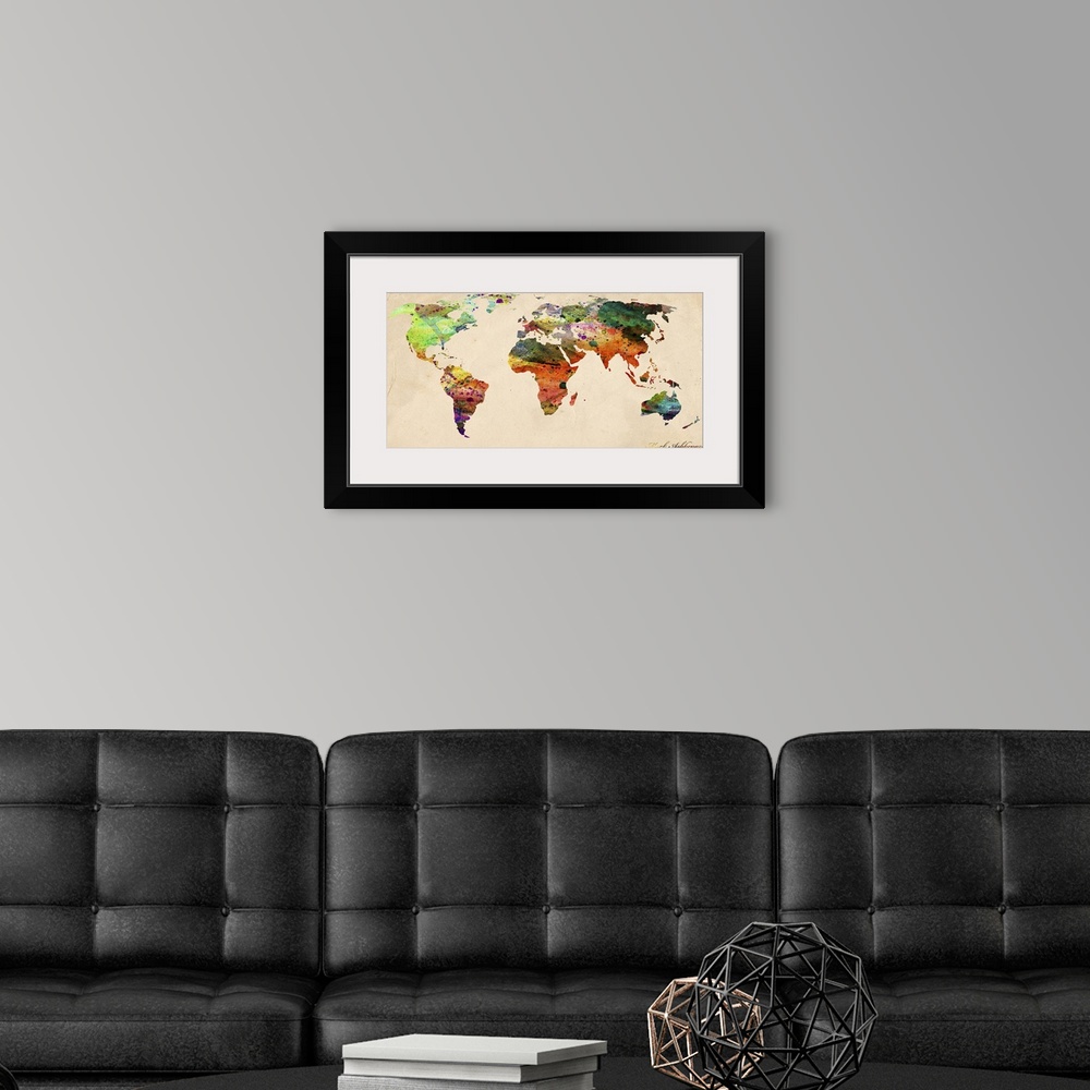 A modern room featuring Contemporary artwork of an artistic wold map in watercolor