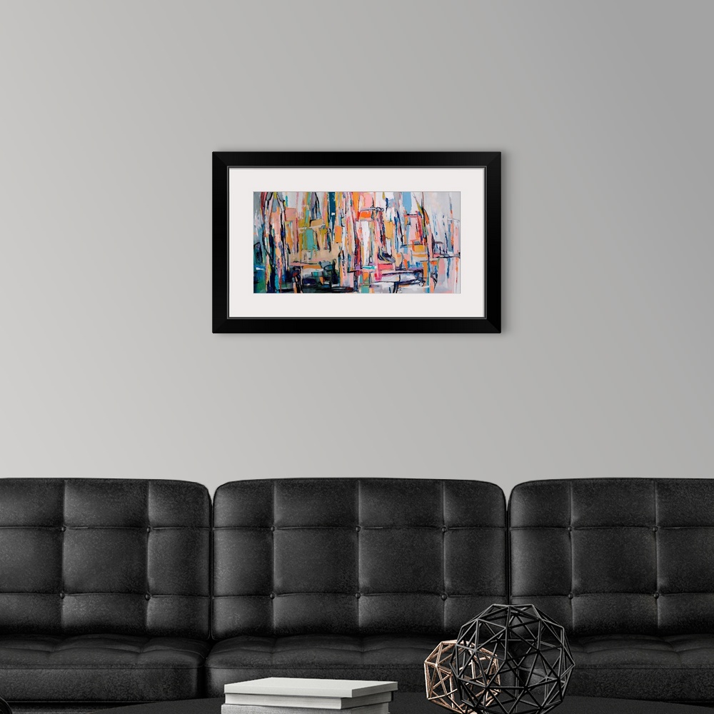 A modern room featuring An abstract painting inspired by the Australian landscape depicting both city scape and the wide ...