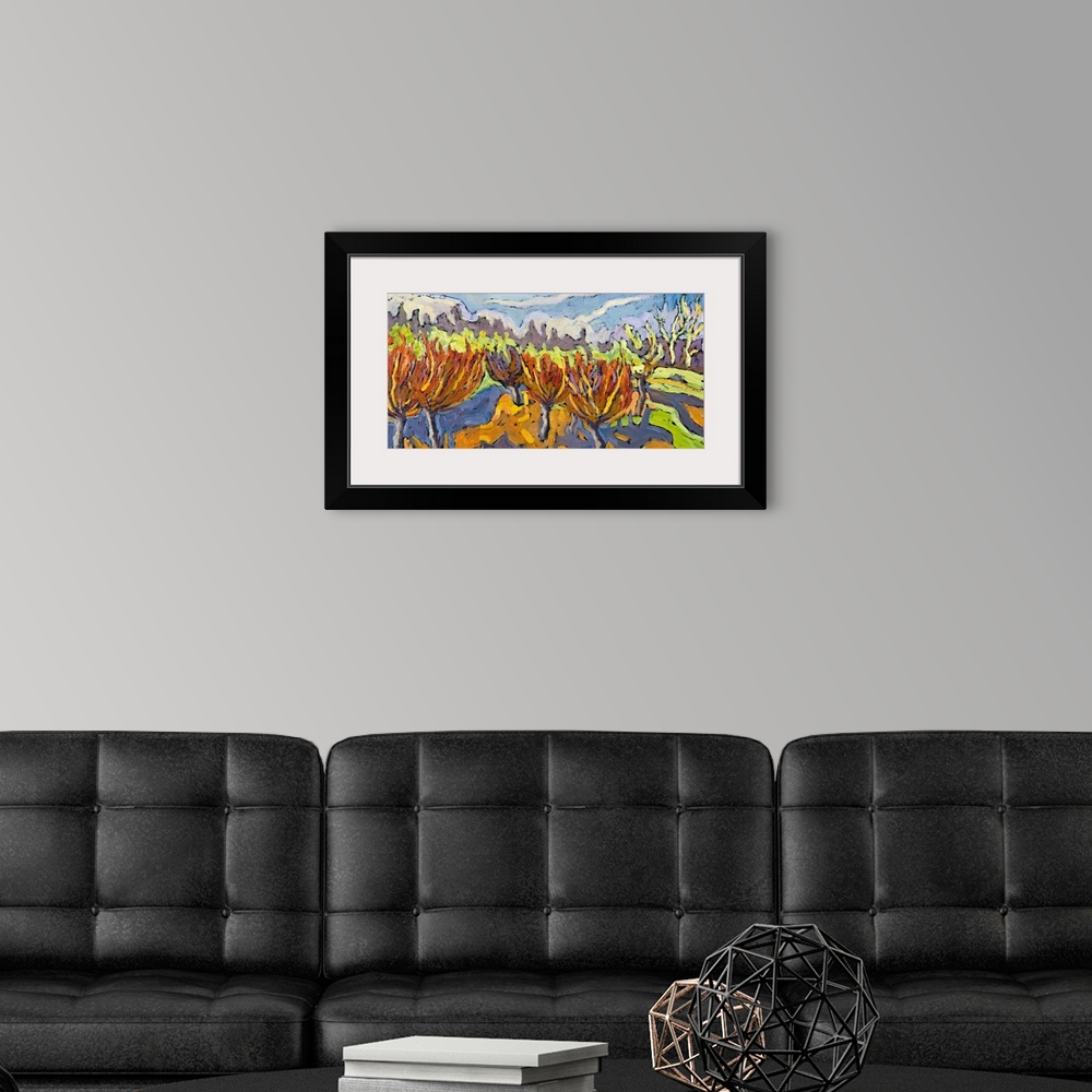 A modern room featuring An abstract artwork piece of willow trees in a field. Various colors are used and applied in wave...