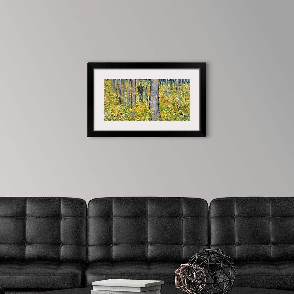 A modern room featuring Panoramic painting of couple walking through forest with overgrown brush and rows of trees.