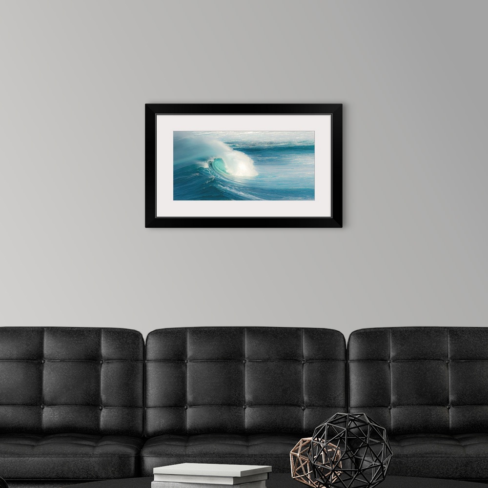 A modern room featuring Close-up photograph of a large crashing wave in Maui.