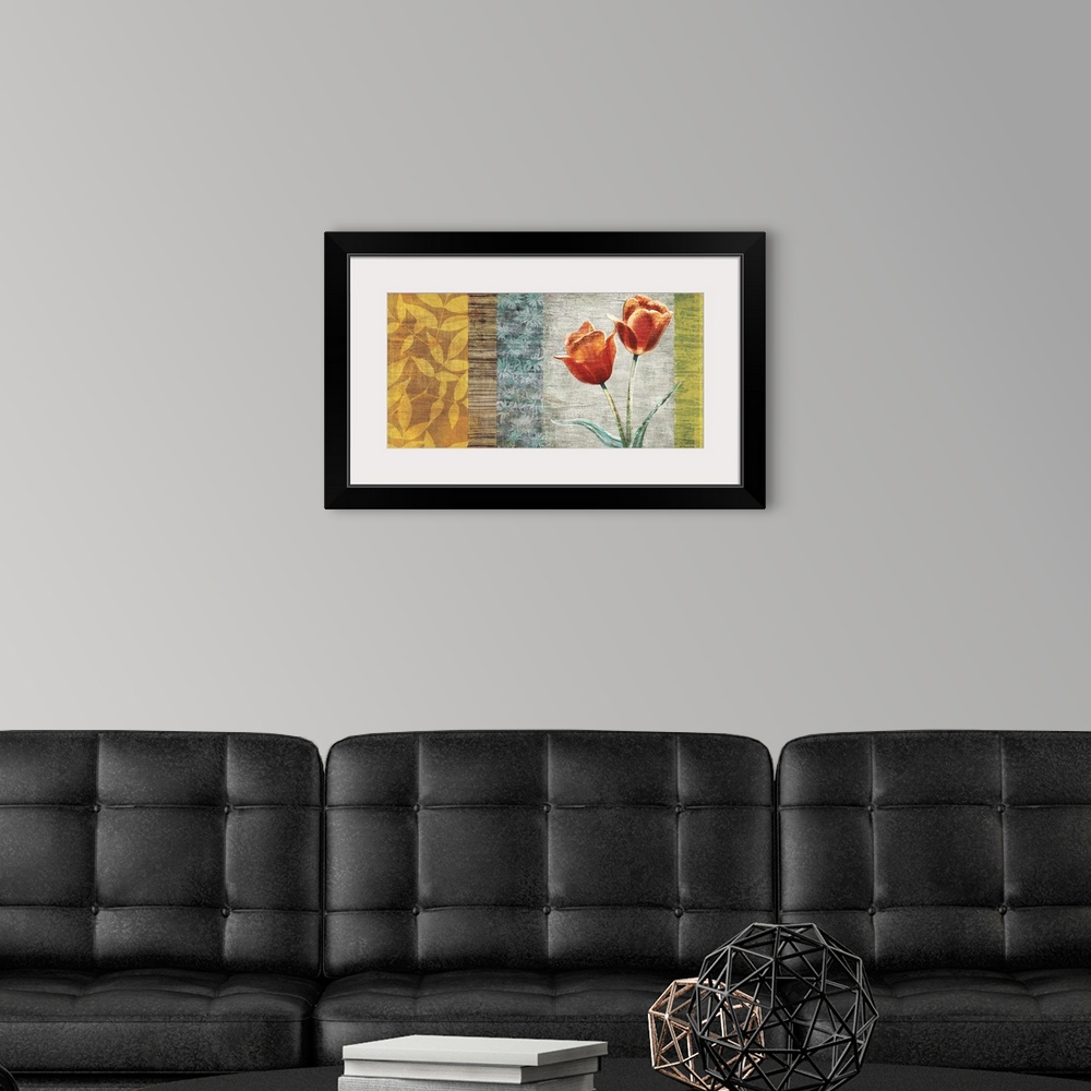 A modern room featuring Decorative artwork of panels with different flowers and leaves.