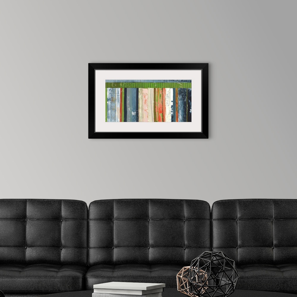 A modern room featuring Large abstract painting created with vertical lines stacked together in cool tones.