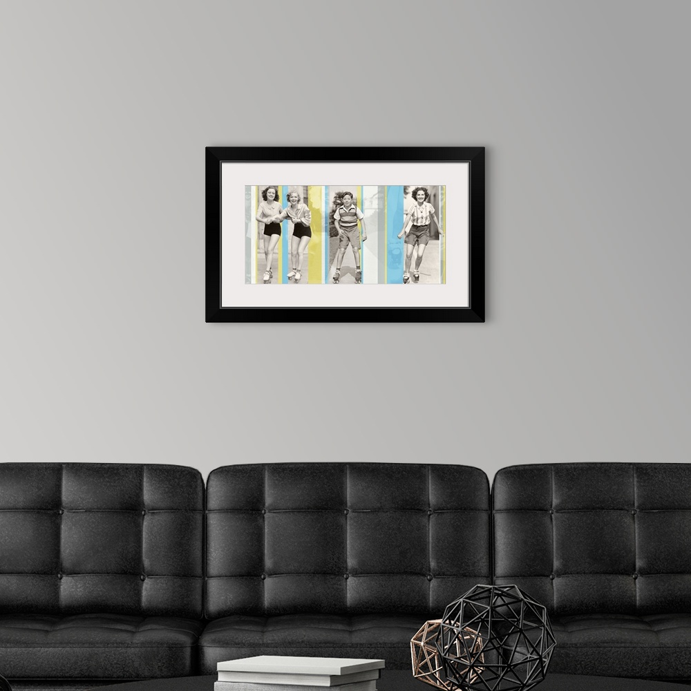 A modern room featuring A composite of vintage photos of people in roller skates with color stripes overlaying.