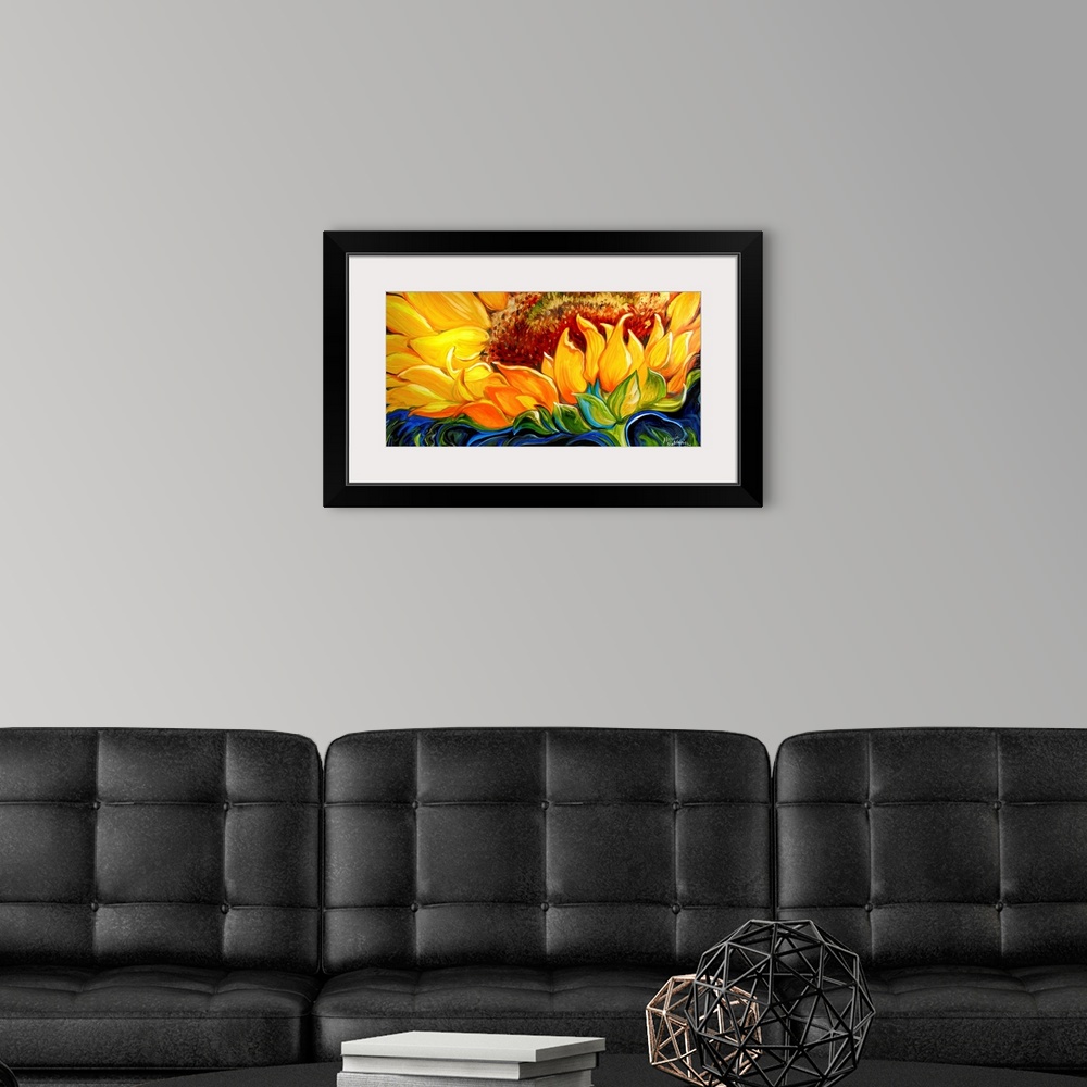 A modern room featuring Wide painting of a sunflower close up with an abstract blue, black, and green background.